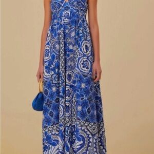 Farm Rio Women’s XL Tile Dream Sleeveless Maxi Dress Blue White Tropical 4164